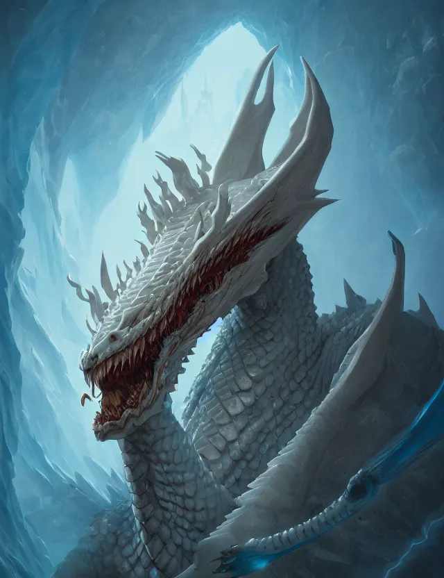 Image similar to portrait of the ice dragon queen, greg rutkowski, greg tacchini, james willard, joe fenton, kete butcher, dynamic lighting, gradient light blue, brown, light cream and white colors, oil aesthetics