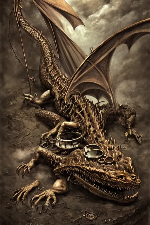 Image similar to hyper realistic old dying dragon lying down with steam punk apparatus on its back, white background, full frame, art byjon foster