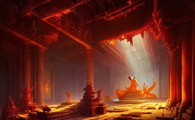 Image similar to The interior of an mytical and ancient temple dragons, in ruins, fire light, a ray of light, intricate, elegant, volumetric lighting, digital painting, highly detailed, artstation, sharp focus, illustration, concept art, ruan jia, steve mccurry