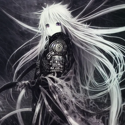 Image similar to Yoshitaka Amano blurred and dreamy illustration of an anime girl with wavy white hair and cracks on her face wearing Elden ring armour with the cape fluttering in the wind, abstract black and white patterns on the background, noisy film grain effect, highly detailed, Renaissance oil painting, weird portrait angle