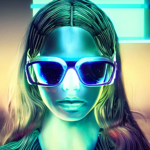 Prompt: highly detailed futuristic Apple iGlass computer glasses on face of human, cyberpunk, calling friend as a hologram, concept art, character art, studio lightning, bright colors, intricate, masterpiece, photorealistic, hyperrealistic, sharp focus, high contrast, Artstation HQ, DeviantArt trending, 8k UHD, Unreal Engine 5