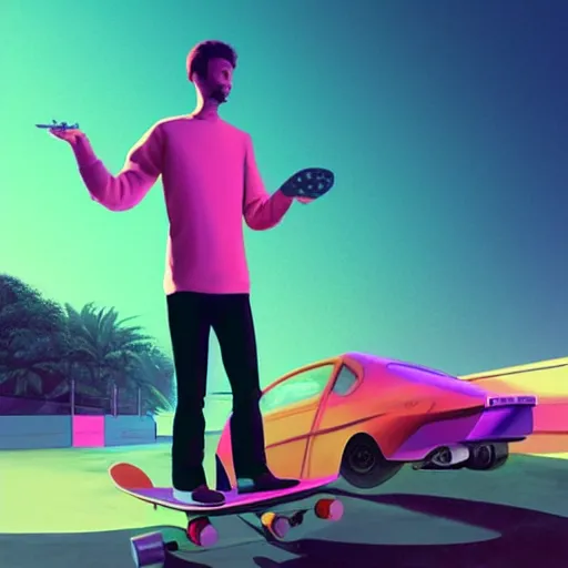 Image similar to a man holding a skateboard standing in front of a car, concept art by beeple, featured on cgsociety, retrofuturism, retrowave, synthwave, outrun