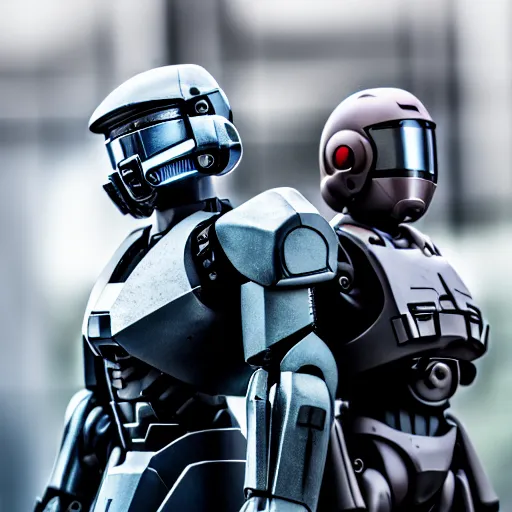 Image similar to Master Chief and Robocop, love at first sight, sigma 85mm f/1.4, 4k, depth of field, high resolution, 4k, 8k, hd, full color