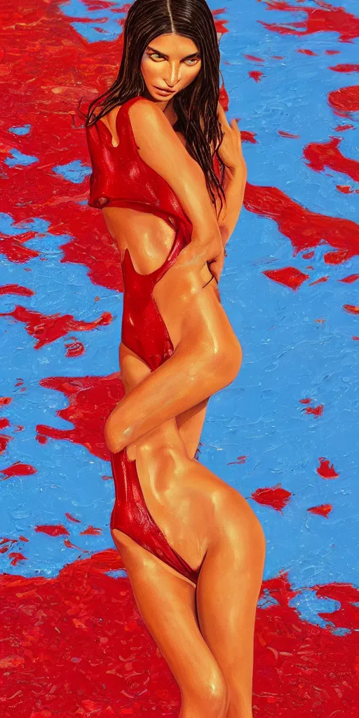 Image similar to Emily Ratajkowski with beautiful face and full body laying in a blood red pool of water between a bright golden glowing mirror frame, outside is space and inside the mirror frame is a beautiful landscape. Hyperrealistic surreal 4K IMAX Rene Margritte intricate, elegant, highly detailed, digital painting, artstation, concept art, smooth, sharp focus, illustration, art by artgerm and greg rutkowski and alphonse mucha