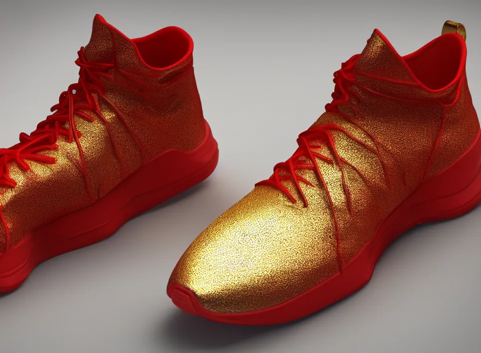 Prompt: realistic 3 d render of a minimalist futuristic sneaker, beautiful studio lighting, soft, sharp focus, neon cyberpunk highlights, intricate detail, gold and red metal, soft rubber, textured plastic, octane render, side view, close up, trending on artstation, deviantart, nike, adidas, converse, reebok, salomon