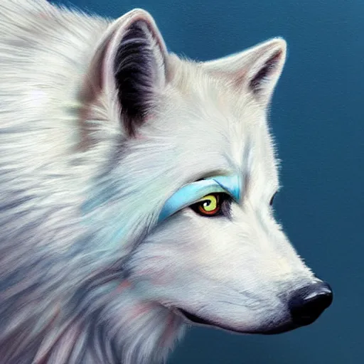 Image similar to A white wolf wearing an eyepatch, portrait, very detailed, artstation, award winning masterpiece, colourful, oil painting