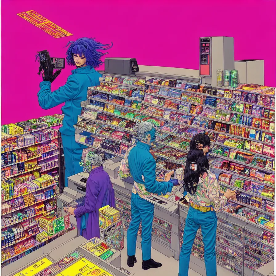 Image similar to ( ( ( ( cyberpunk convenience store cash register ) ) ) ) by mœbius!!!!!!!!!!!!!!!!!!!!!!!!!!!, overdetailed art, colorful, artistic record jacket design