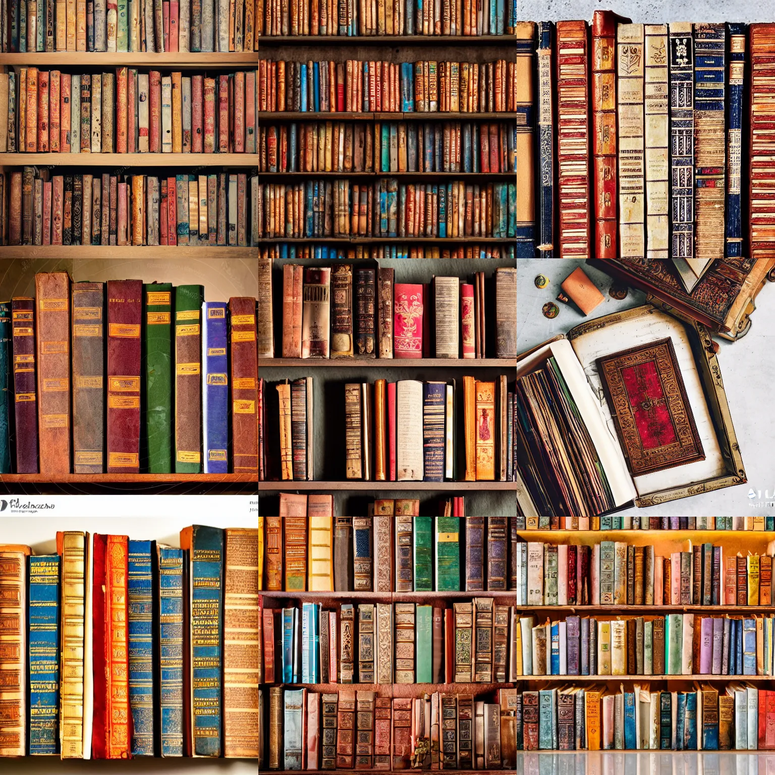 Prompt: flatlay antique book collection, vivid colors, dramatic lighting