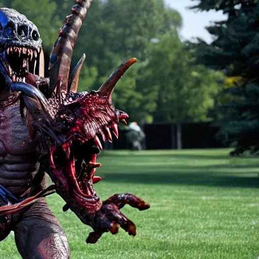 Image similar to joe biden is being chased by a monster from predator on the white house lawn