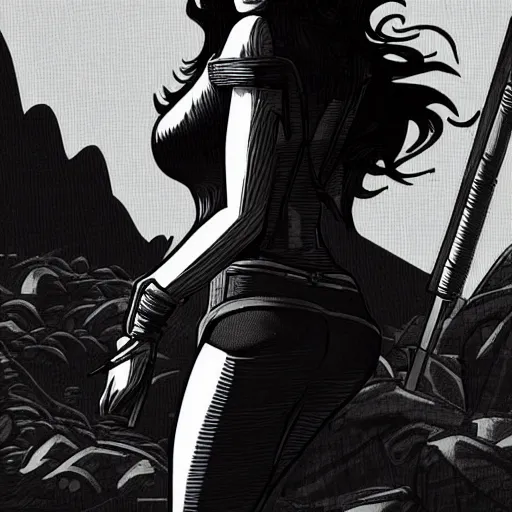 Prompt: a detailed comic noir style cartoon of gal gadot in a post-apocalyptic desert by queens of the stone age, dark vibes, street art, cinematic, high contrast