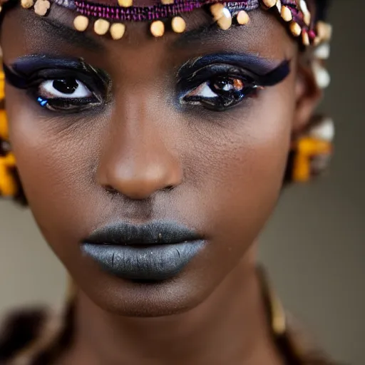 Image similar to african fashion model wearing tribal clothing close up heavy bokeh looking to lens