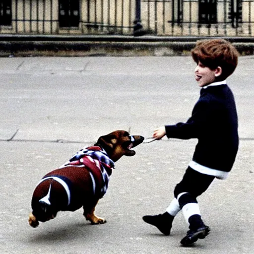 Image similar to a french boy on the streets of paris playing football against a corgi, the dog is wearing a polka dot scarf, book illustration, 1 9 6 6