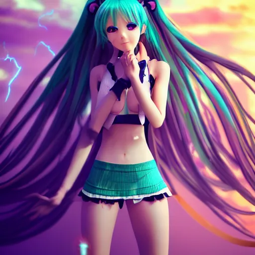 Prompt: render of a full body portrait as a very beautiful 3d anime girl Hatsune miku, long braided teal hair, hazel eyes, revealing outfit, full round face, short smile, cinematic lightning, medium shot, mid-shot, highly detailed, trending on Artstation, Unreal Engine 4k, cinematic wallpaper, pin-up