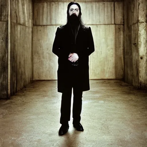 Image similar to hd portrait of a 3 5 - year old man with a disorienting, clinical aesthetic. black hair. black clothes. a modern - day warlock and psychonaut of the mastigos path. portrait photography by annie leibovitz.