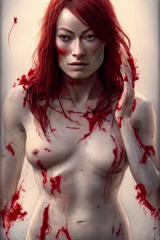 Prompt: pale woman covered with blood, olivia wilde face!!!, red hair, skeleton tattoo!, ultra realistic, concept art, intricate details, highly detailed, 4 5 mm. photorealistic, octane render, 8 k, unreal engine. film still, heavy grain, 3 5 mm, art by artgerm and greg rutkowski and alphonse mucha