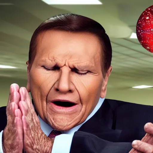 Prompt: kenneth copeland exploding head while praying dollar balls