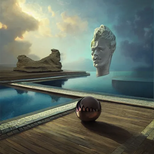 Image similar to peter tarka, minimalistic, hyperrealistic surrealism, award winning masterpiece with incredible details, epic stunning, infinity pool, a surreal vaporwave liminal space, highly detailed, trending on ArtStation, artgerm and greg rutkowski and alphonse mucha, daily deviation, IAMAG, broken giant marble head statue ruins