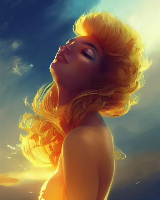 Image similar to summer vibes, beautiful sun goddess, flowy yellow golden hair, sun, summer, cinematic lighting, highly detailed, digital painting, trending on artstation, pixiv, concept art, sharp focus, illustration, art by ross tran and wlop