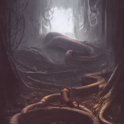 Image similar to a huge anaconda in a dark grave, horror ,digital art,realistic,detailed,art by greg rutkowski