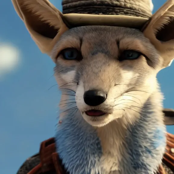 Prompt: screenshot of an anthropomorphic blue fennec fox in cowboy attire from red dead redemption 1