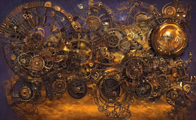 Prompt: “a psychedelic steampunk music machine made of intricate gears and industrial machine parts, by Vladimir kush , by Roger dean, By syd mead, by josip csoor, 8k resolution, realistic shadows, 3D, rendered in octane, volumetric lighting, hyper detailed, photorealistic, psychedelic”