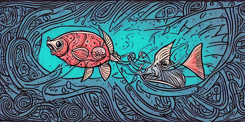 Image similar to illustration of an angler fish, lantern fish, deep sea, stylized linework, ornamentation, artistic, muted color wash