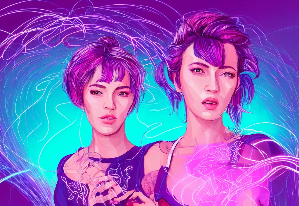 Image similar to a award winning half body portrait of a beautiful woman in a croptop and cargo pants with ombre purple pink teal hairstyle surrounded by whirling illuminated lines, outrun, vaporware, shaded flat illustration, digital art, trending on artstation, highly detailed, fine detail, intricate sensual