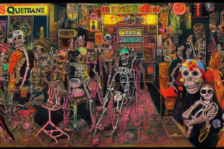 Image similar to scene from amusement arcade, day of the dead, cyber skeletons, queen in black silk in the center, neon painting by otto dix