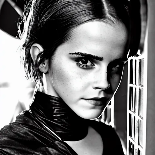 Prompt: Emma Watson as Catwoman, XF IQ4, 150MP, 50mm, f/1.4, ISO 200, 1/160s, natural light, Adobe Lightroom, photolab, Affinity Photo, PhotoDirector 365, filling the frame, rule of thirds, symmetrical balance, depth layering, golden ratio