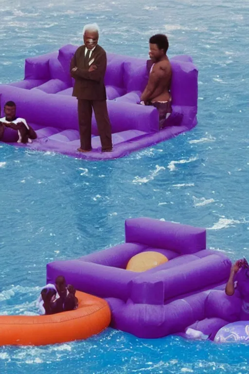 Prompt: nelson mandela in a purple bouncy castle formed as a prison floating on water in waterworld