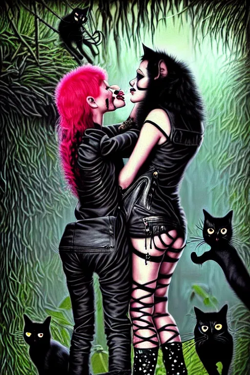 Prompt: punk rock girls kissing and making selfie with black cats in jungle , 1980 style, mad max jacket, post apocalyptic, Cyberpunk, renaissance, Gothic, mystic, highly detailed, 4k, fog, oil painting on canvas, Kubrick movie, hyper realistic style, fantasy by Olga Fedorova