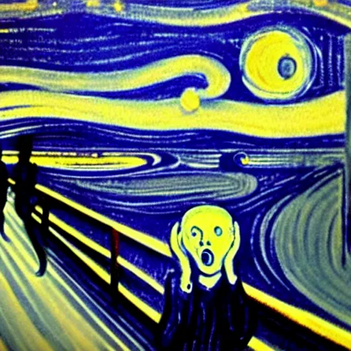 Prompt: painting of edvard munch's the scream with van gogh's the starry night in the background, detailed, unreal engine