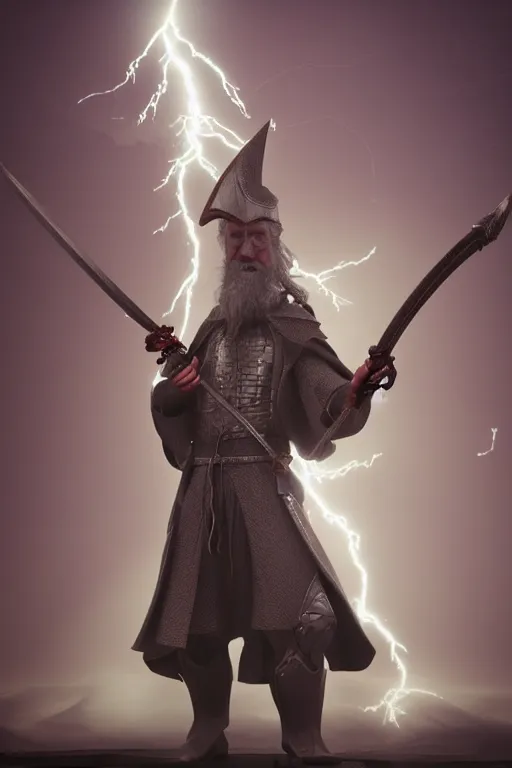 Prompt: wizard holding a sword that’s getting shocked by lightning towards the sky, octane, trending on artstation, cinema 4d, highly detailed