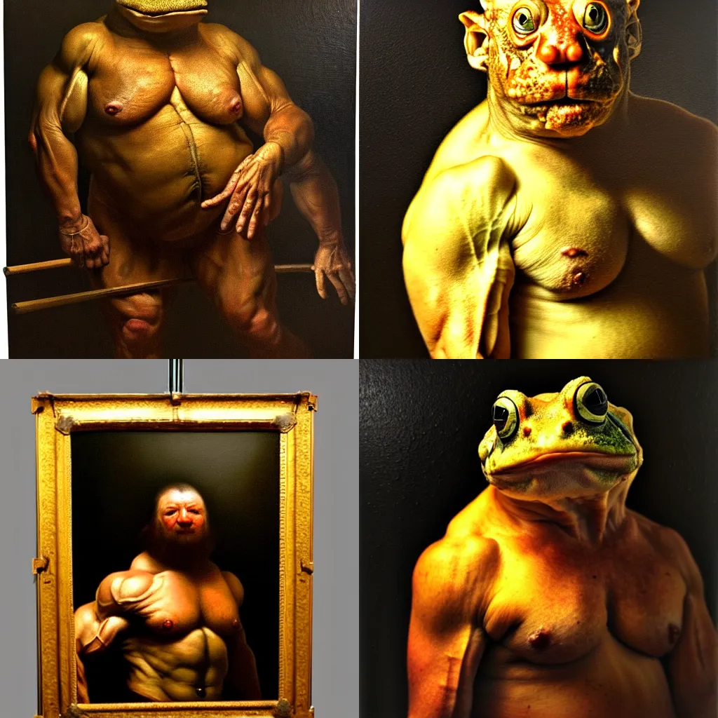 Prompt: subject: oversized muscular frog berserker medium shot portrait, style: very heavy textured rembrandt oil painting with dramatic light