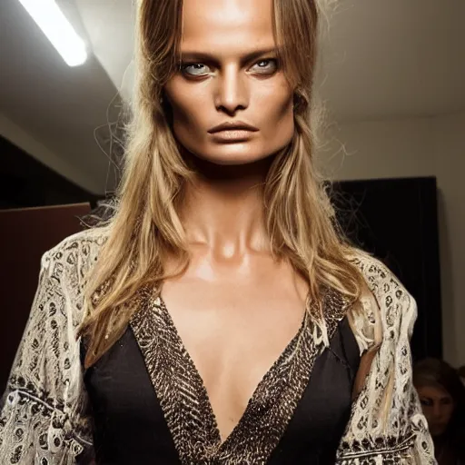 Image similar to portrait of young edita vilkeviciute, versace fashion show spring summer backstage, detailed face, greg rutkowski, intricate, elegant, highly detailed,