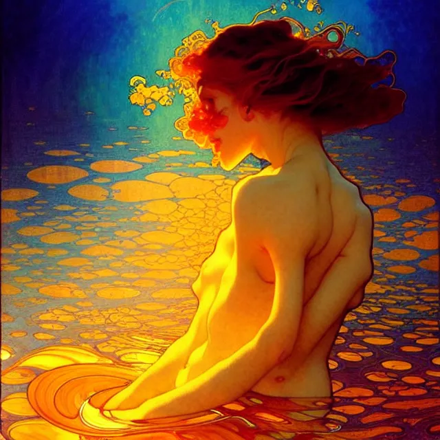 Prompt: mind bending indigo ocean waves of glossy psychedelic liquid honey flowing like kaleidoscopic translucent amber, lsd waves, honey ripples, dramatic sunset, refracted lighting, art by collier, albert aublet, krenz cushart, artem demura, alphonse mucha