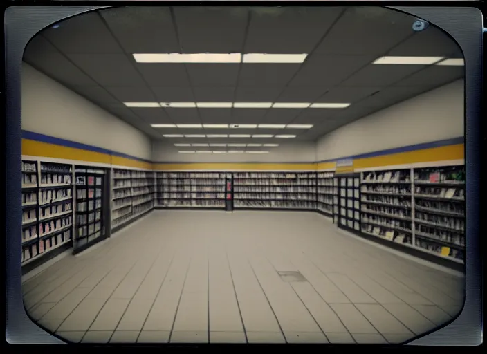 Prompt: polaroid photograph of an empty blockbuster store, liminal space, familiar place, mannequins, black mold, amateur, unreal engine, photorealistic, trending on artstation