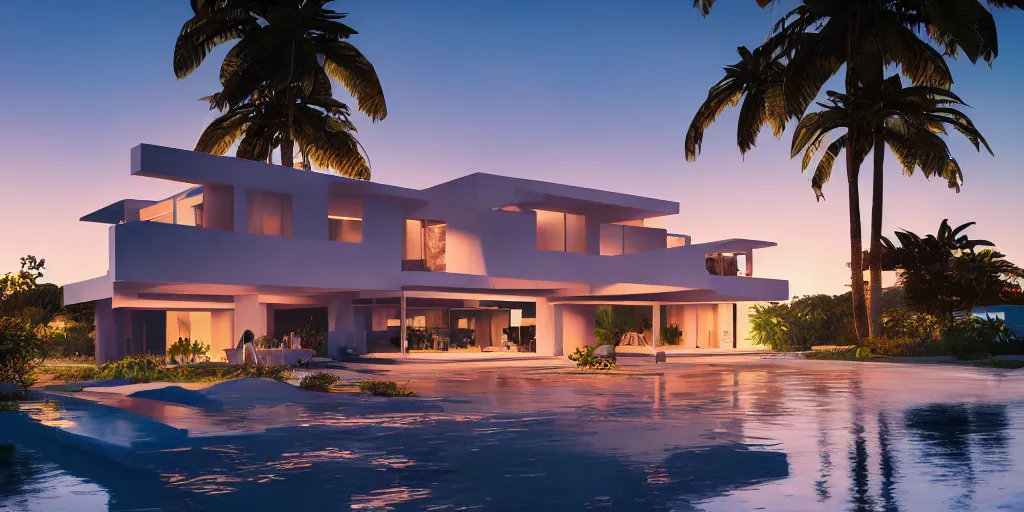 Prompt: modern house in a tropical setting, a view of the beach, sunset, photorealism, beautiful, cinematic dramatic atmosphere, volumetric cinematic perfect light, detailed octane render trending on artstation, 8 k, by chris hytha and jag studio