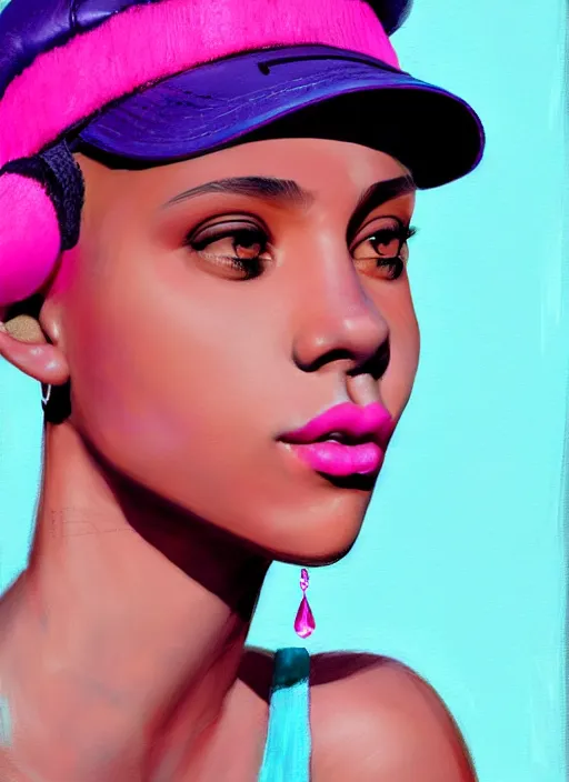 Image similar to portrait of teenage vanessa morgan with bright pink hair, black girl, curly pixie cut hair, wearing newsboy cap, pink short haircut, newsboy cap, hoop earrings, blue eyes, intricate, elegant, glowing lights, highly detailed, digital painting, artstation, concept art, smooth, sharp focus, illustration, art by wlop, mars ravelo and greg rutkowski