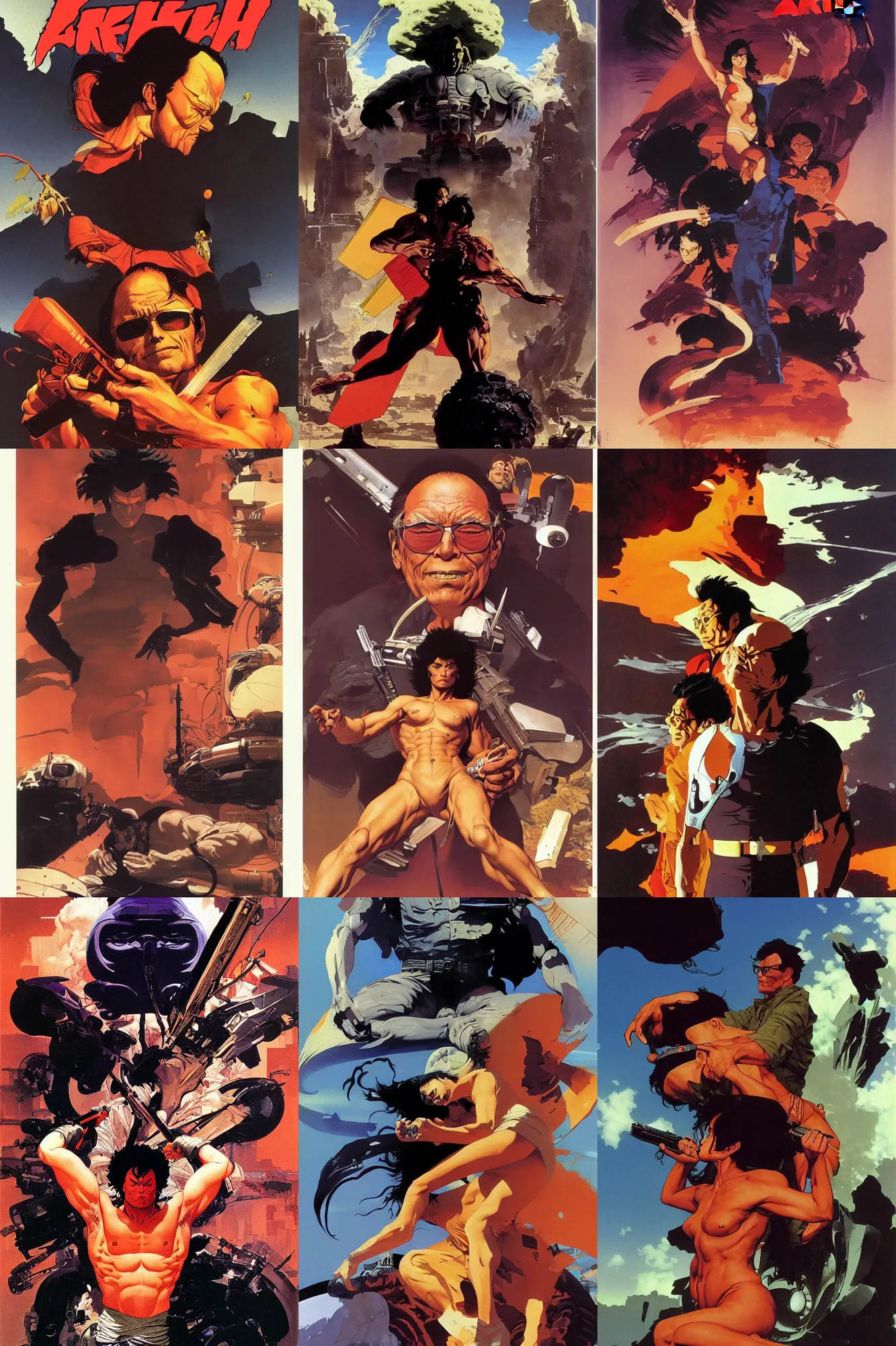 Prompt: akira ( 1 9 8 9 ) asimov by syd mead, frank frazetta, ken kelly, simon bisley, richard corben, william - adolphe bouguereau