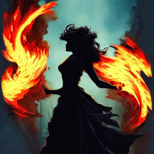 Image similar to a gargoyle in silhouette wearing a flowing gown made of fire, engulfed in a whirling fire tornado firestorm, emitting smoke and sparks, fantasy, cinematic, fine details by realistic shaded lighting poster by ilya kuvshinov katsuhiro otomo, magali villeneuve, artgerm, jeremy lipkin and michael garmash and rob rey