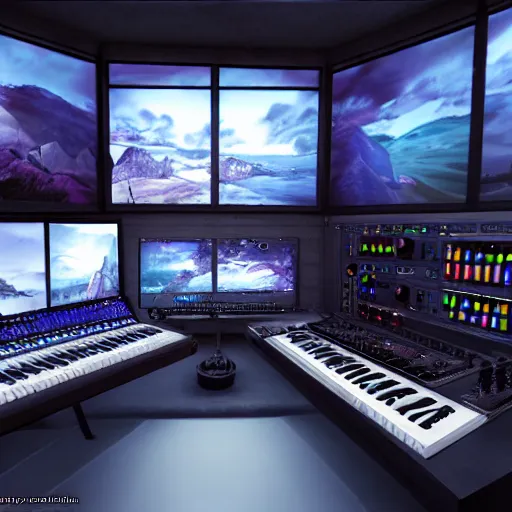 Prompt: en epic synthesizer studio, cinematic light, photorealistic, unreal engine, zbrush central,