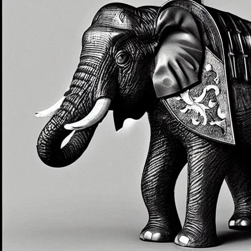 Prompt: humanoid elephant in plate armor with a black warhammer that he is holding with his trunk