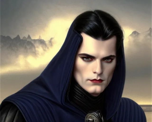 Prompt: handsome male clean shaved face portrait, long black hair blue eyes wearing leather mantle gothic navy cloak with leather details, cliffside town, fantasy character portrait, ultrarealistic, intricate details, elegant, cinematic lighting, highly detailed, artstation, d & d art, cgsociety, sharp focus, beautiful digital painting by artgerm, gerald brom, wlop, alphonse mucha