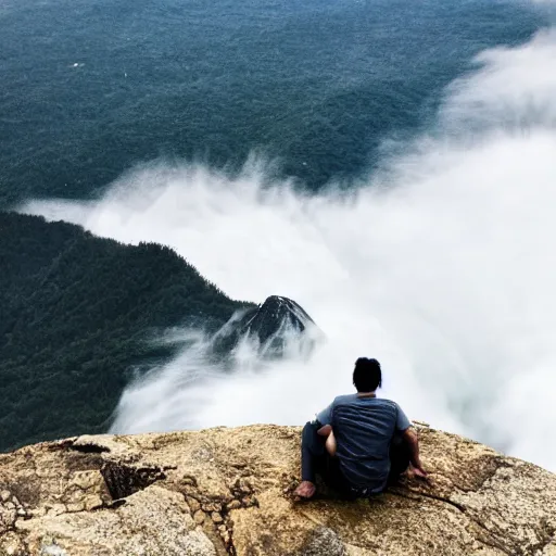 Image similar to man sitting on top peak mountain cliff looking at tsunami