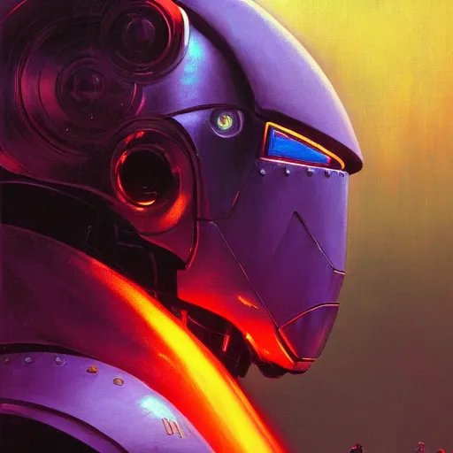 Image similar to a dark and colorful close - up side profile portrait of a sci - fi mecha robot with led lights glowing fog in the background. highly detailed science fiction painting by norman rockwell, frank frazetta, and syd mead. rich colors, high contrast, gloomy atmosphere, dark background. trending on artstation