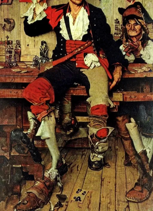 Image similar to a portrait of a pirate playing cards by Norman Rockwell