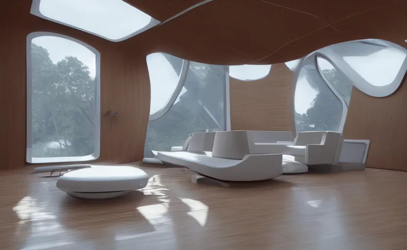 Image similar to a futuristic house interior by frank Lloyd wright and Zaha hadid, detailed, octane render, photo realism, 3D, ray tracing