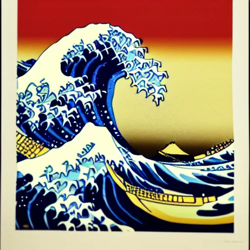 Image similar to a propaganda poster of the great wave off kanagawa