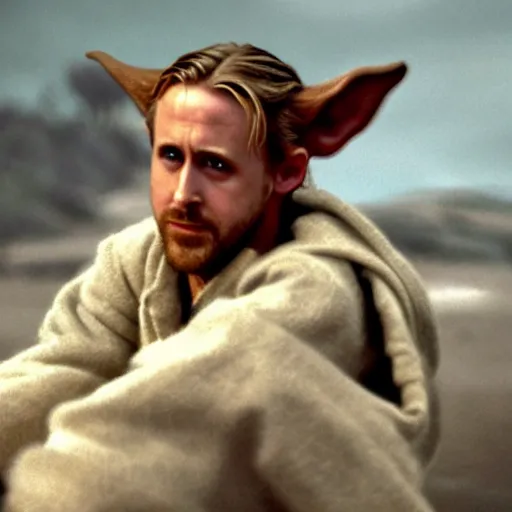 Prompt: Ryan Gosling as Yoda, cinematic photography